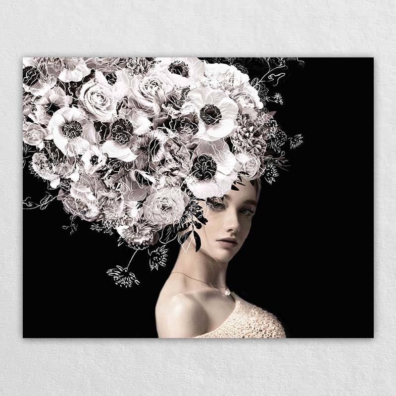 Floral Portrait: Custom Self-Portrait with Flowers in Gray