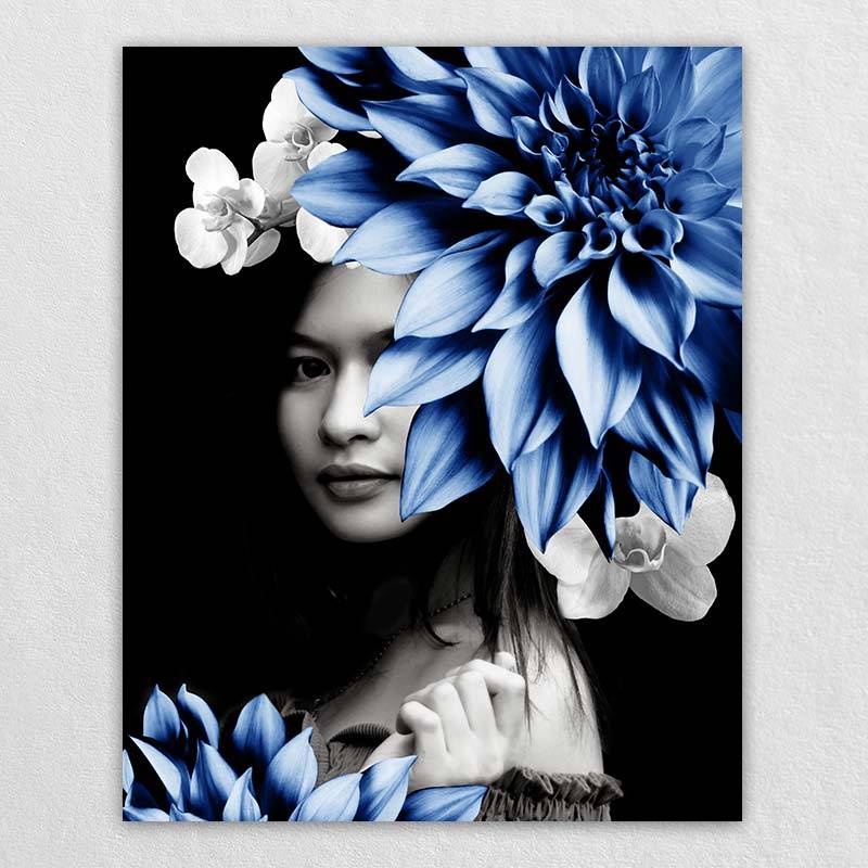 Blue Flower Wall Art - Custom Portrait Painting for Women