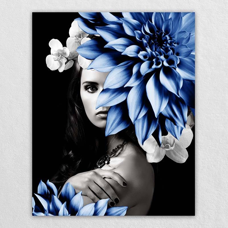 Blue Flower Wall Art - Custom Portrait Painting for Women