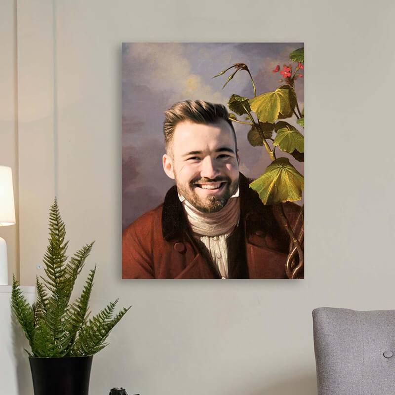 Male in Red Coat and Geranium Personalised Canvas