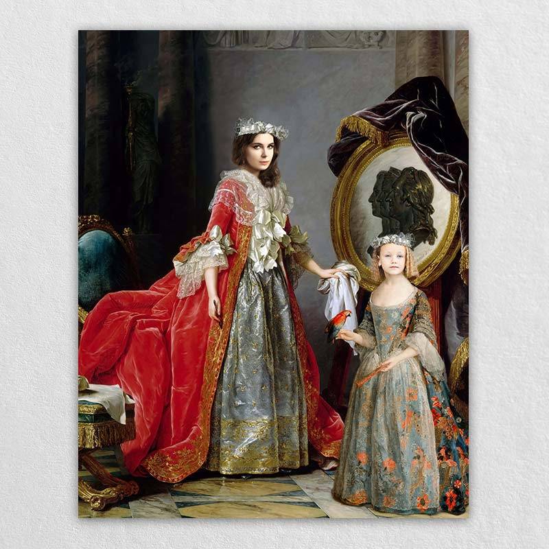 European Noble Lady with Maid on Canvas| Renaissance Portrait Woman