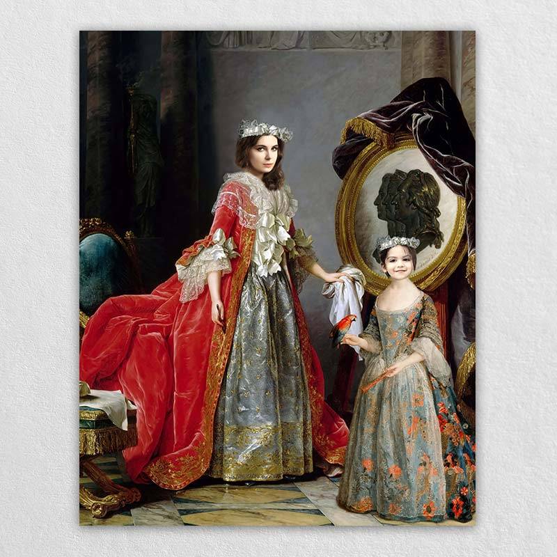 European Noble Lady with Maid on Canvas| Renaissance Portrait Woman