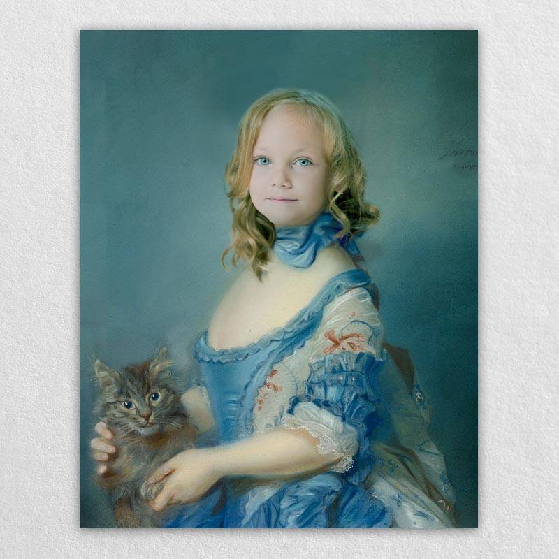 Girl in Blue with Cat Portrait Digital Art