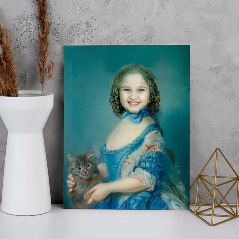 Girl in Blue with Cat Portrait Digital Art