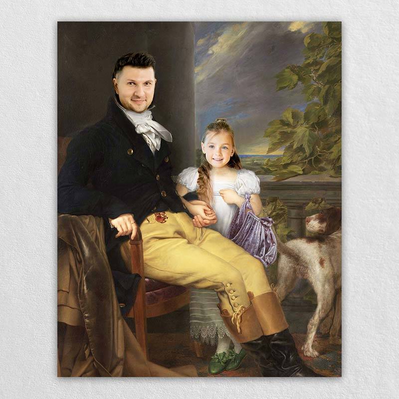 Photo to Canvas Classic Customizable Personalized Father-daughter with Dog Warm Portrait