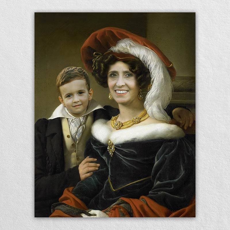 Retro Family Portrait - Custom digital portrait painting of a mother-son duo