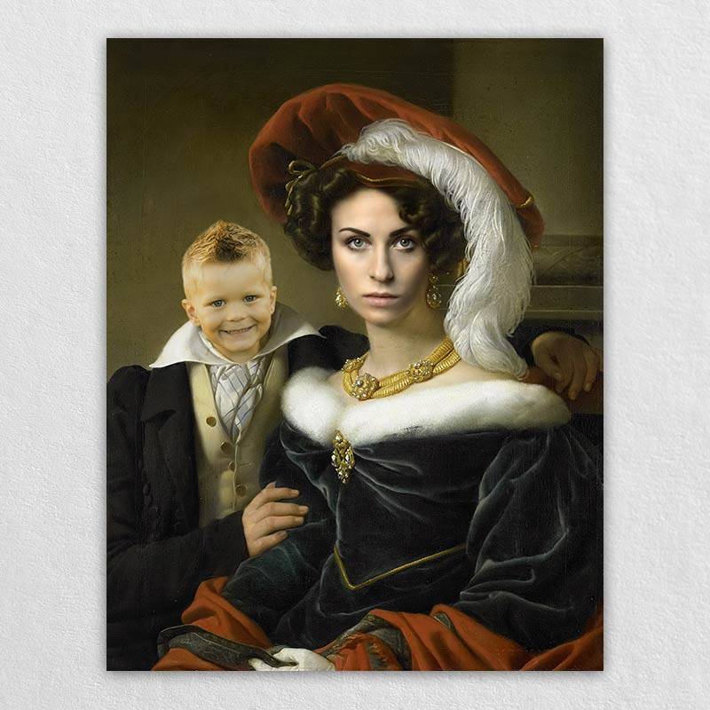 Retro Family Portrait - Custom digital portrait painting of a mother-son duo